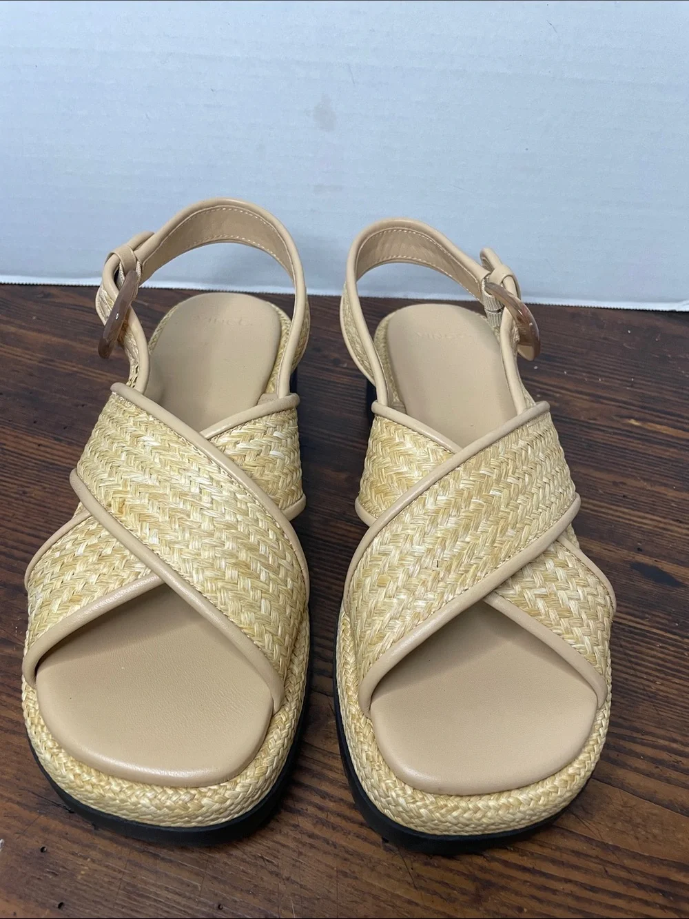 Vince Beige Woven Raffia Slingback Sandals with Black Lug Sole